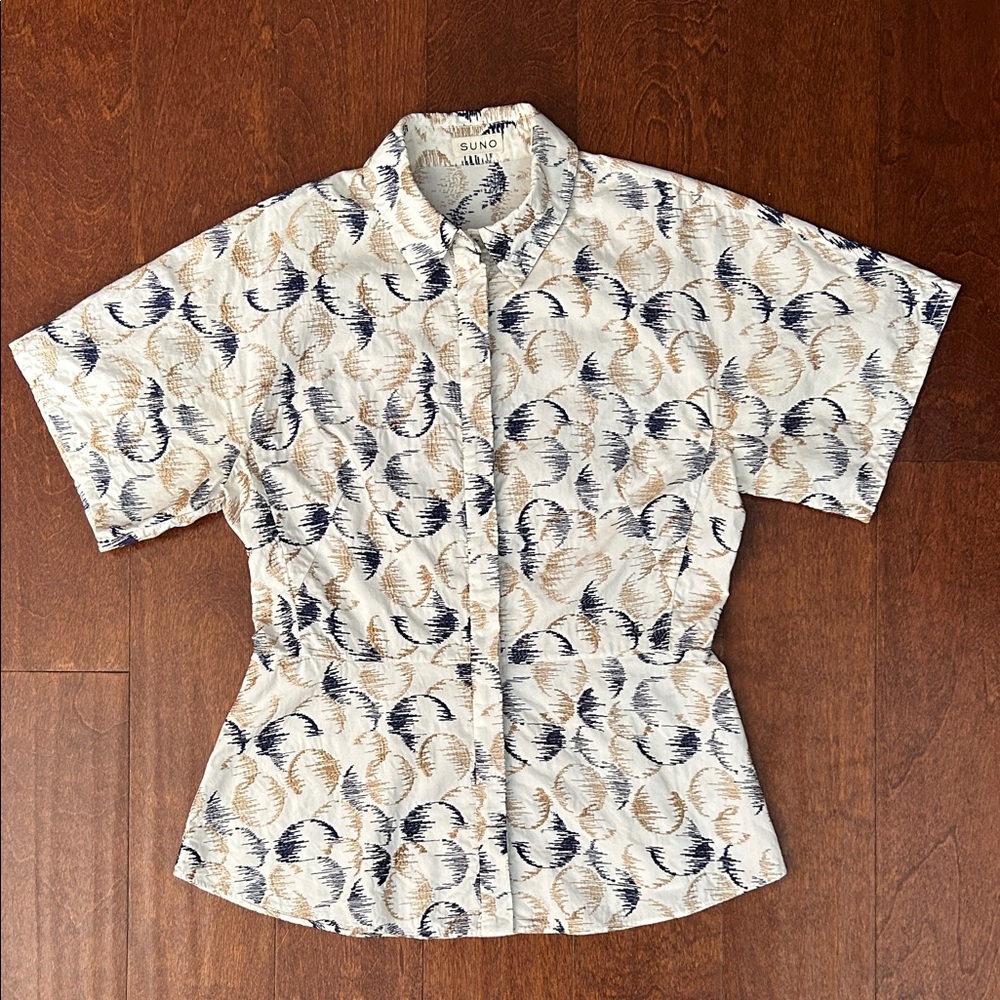 SUNO Women's Embroidered Peplum Button Down Collared Shirt, Size Small